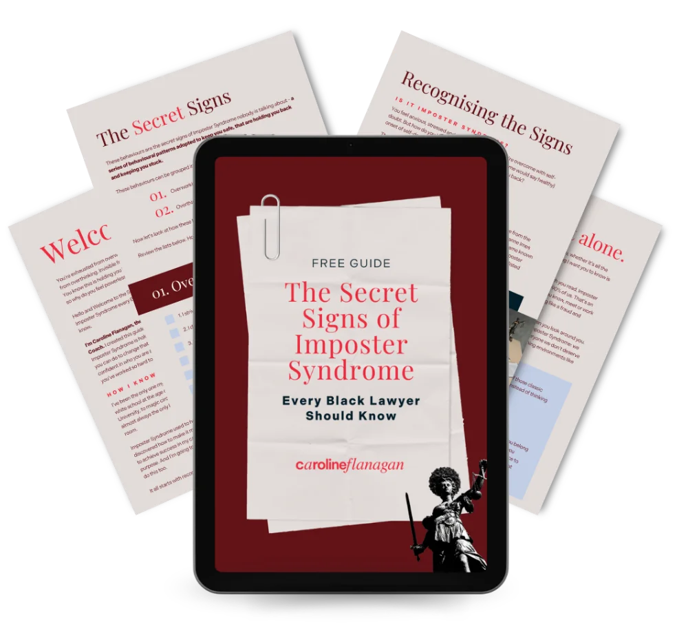 Free guide: The Secret Signs of Imposter Syndrome Every Black Lawyer Should Know – featured at the bottom of Caroline Flanagan's video blog episodes