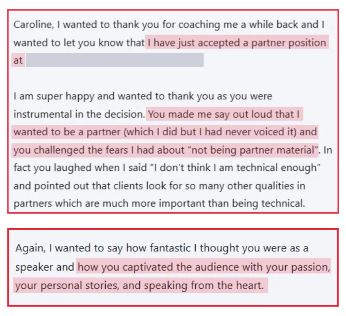 Two testimonial screenshots – a Black lawyer accepting a partner position and an event attendee describing Caroline Flanagan as a captivating speaker
