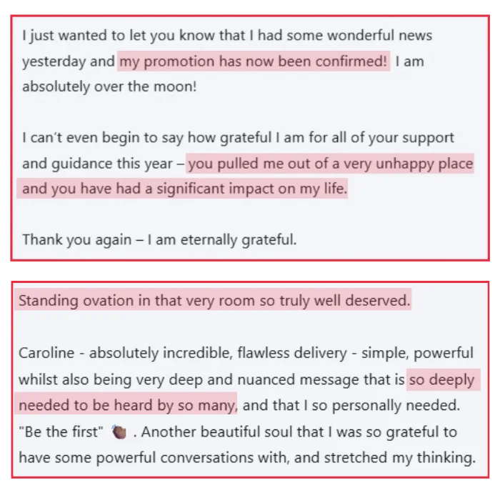 Two testimonial screenshots – a Black lawyer's promotion confirmed and an audience member praising Caroline Flanagan's powerful keynote delivery