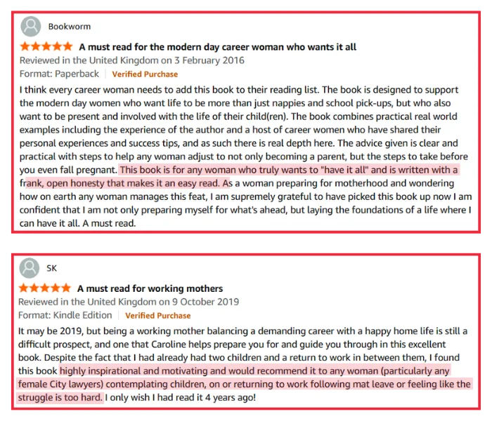 Two five-star Amazon reviews for Babyproof Your Career by Caroline Flanagan praising the book as essential reading for ambitious working mothers and female City lawyers