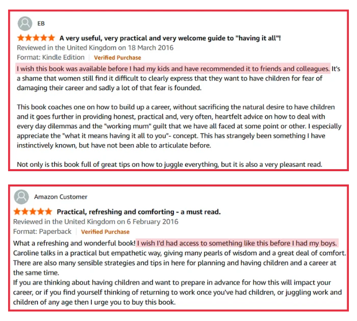 Two five-star Amazon reviews for Babyproof Your Career by Caroline Flanagan from verified UK purchasers recommending the book to professional women balancing career and family