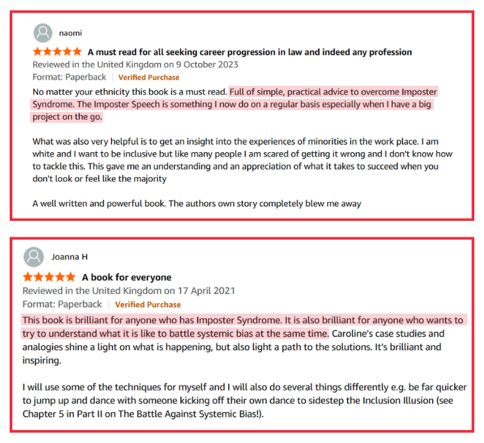 Two five-star Amazon reviews for Be The First by Caroline Flanagan praising the book's practical Imposter Syndrome advice and insights into systemic bias for professionals of colour