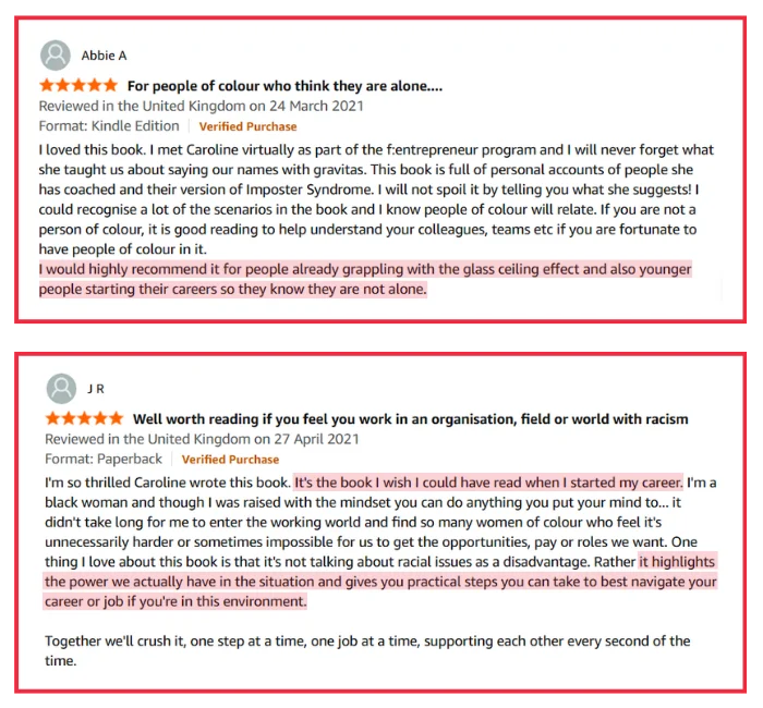 Two five-star Amazon reviews for Be The First by Caroline Flanagan from verified UK purchasers recommending the book for people of colour navigating racism in the workplace