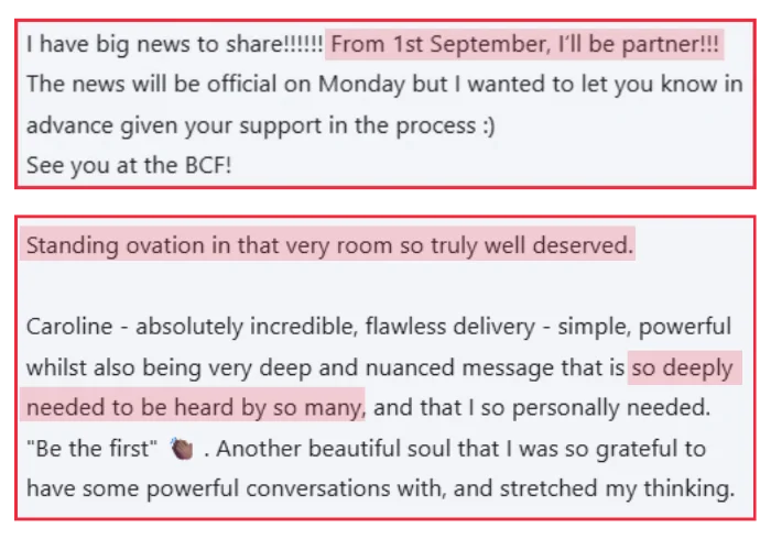 Two testimonial screenshots – a Black lawyer announcing their partner promotion and an audience member praising Caroline Flanagan's keynote as a message deeply needed by so many