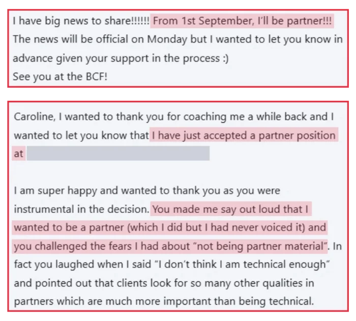 Two client testimonial screenshots from Black lawyers who accepted partner positions after coaching with Caroline Flanagan