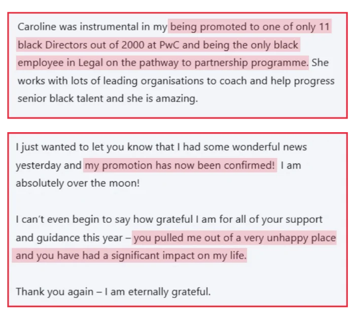 Two client testimonial screenshots from Black lawyers promoted to director and senior roles after coaching with Caroline Flanagan