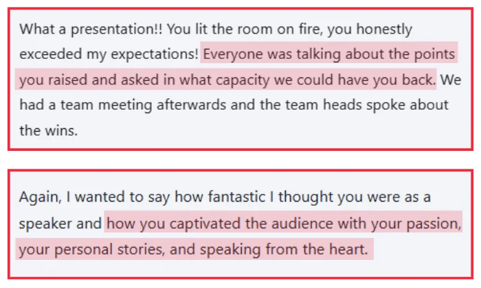 Two event organiser testimonial screenshots describing Caroline Flanagan's keynote as captivating and exceeding expectations