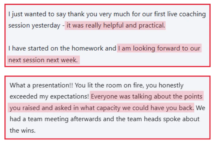 Two testimonial screenshots – a Black lawyer praising Caroline Flanagan's practical first coaching session and an event organiser describing her keynote as exceeding all expectations