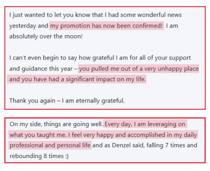 Two testimonial screenshots from Black lawyers – one confirming a career promotion and one describing daily professional and personal transformation through Caroline Flanagan's coaching