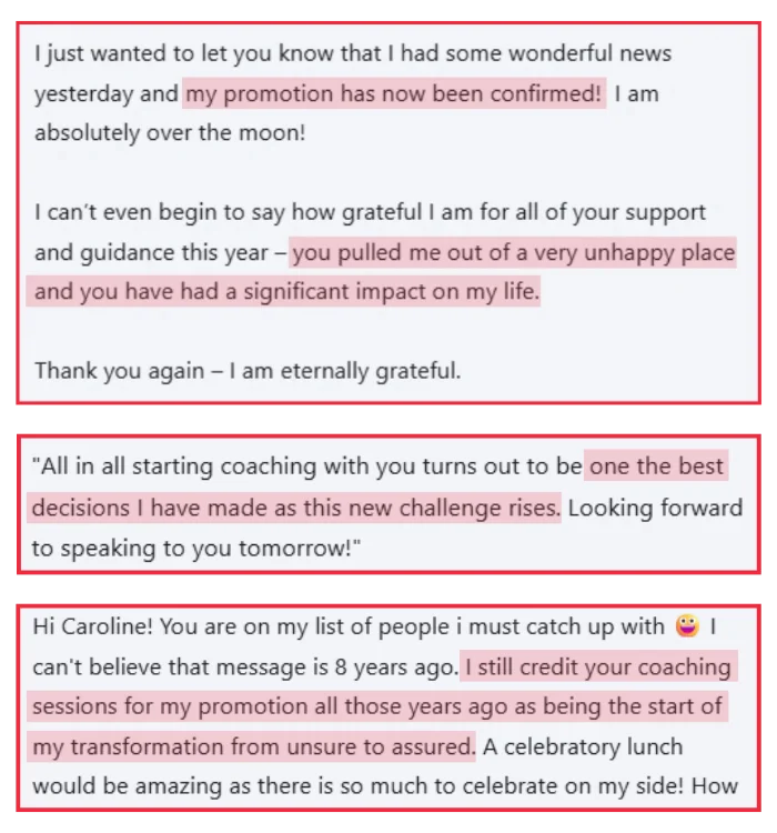 Three client testimonial screenshots from Black lawyers describing career-changing promotions and long-term transformation through Caroline Flanagan's coaching