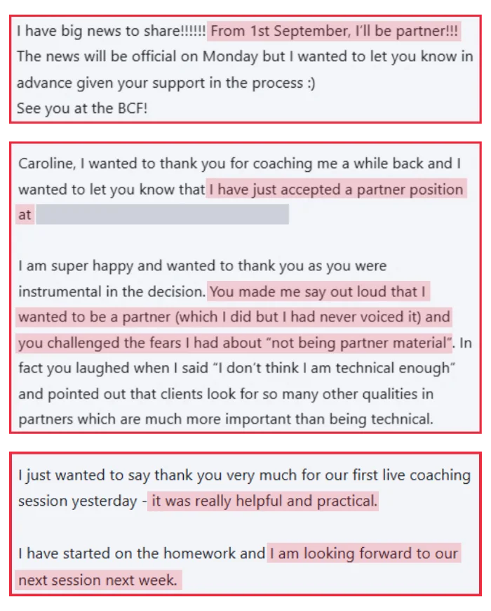 Three client testimonial screenshots from Black lawyers – two announcing partner positions and one sharing early coaching breakthroughs with Caroline Flanagan